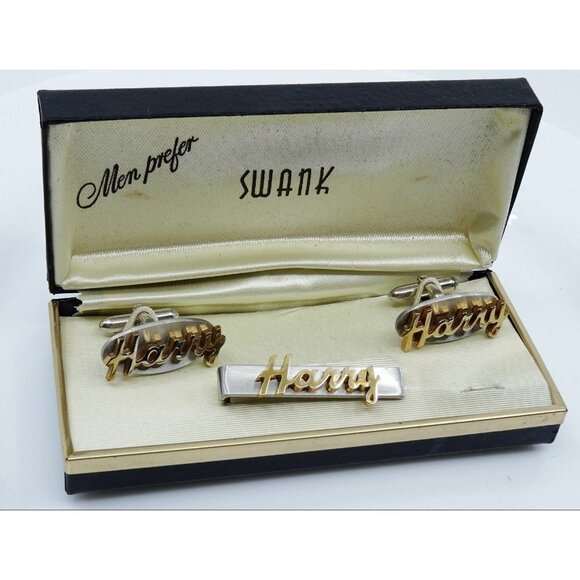 HARRY Name Vintage Cufflinks Tie Clip Bar Set Swank NOS Original Box 1950s - Picture 2 of 4